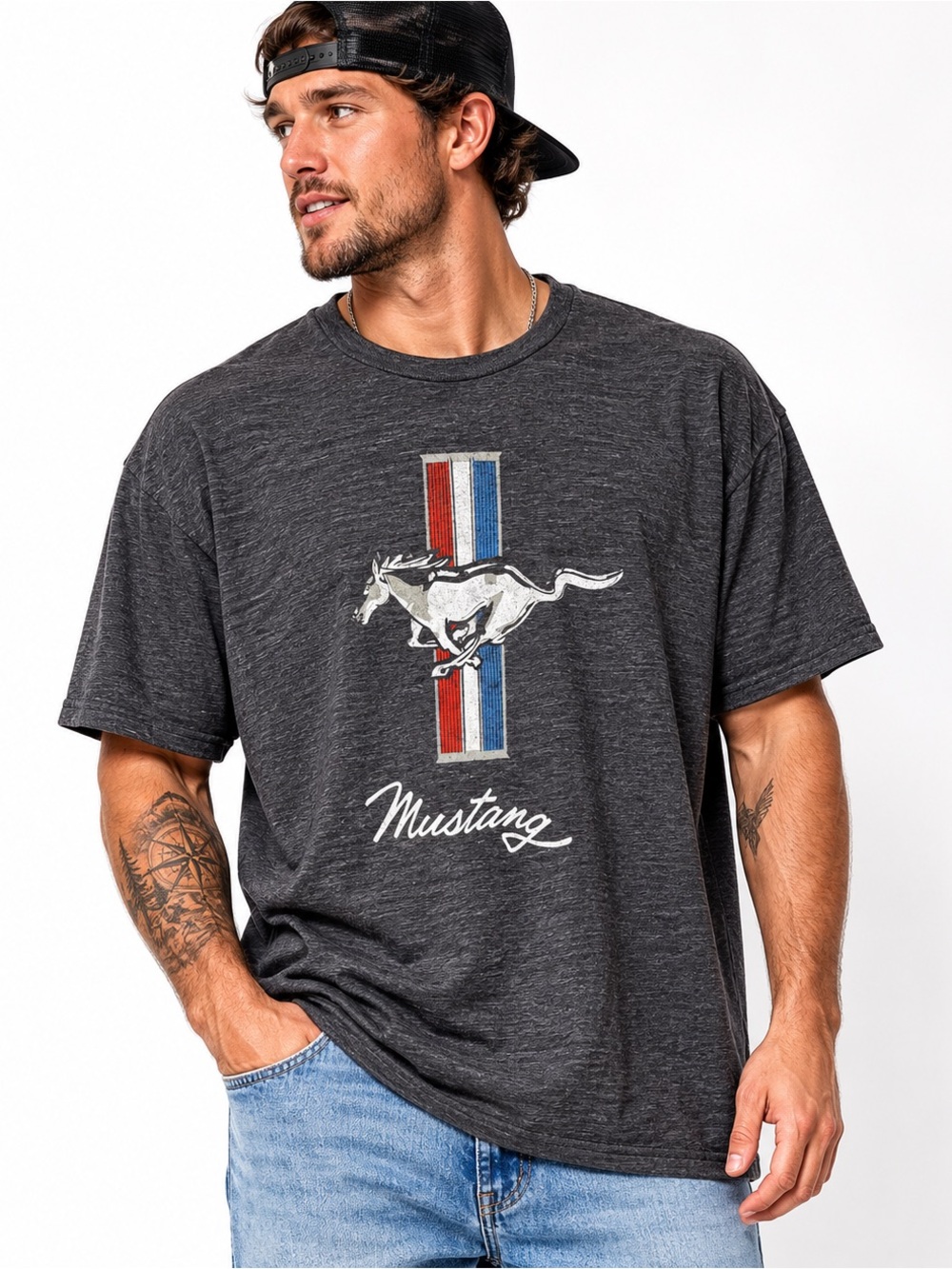 Ford Mustang Tri-Bar Logo Graphic Tee Shirt Grey Distressed 2XL